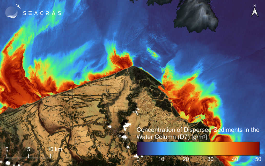 Satellite image of Indonesian coast after Sumatra floods, showing concentration of dispersed sediments in the water column.