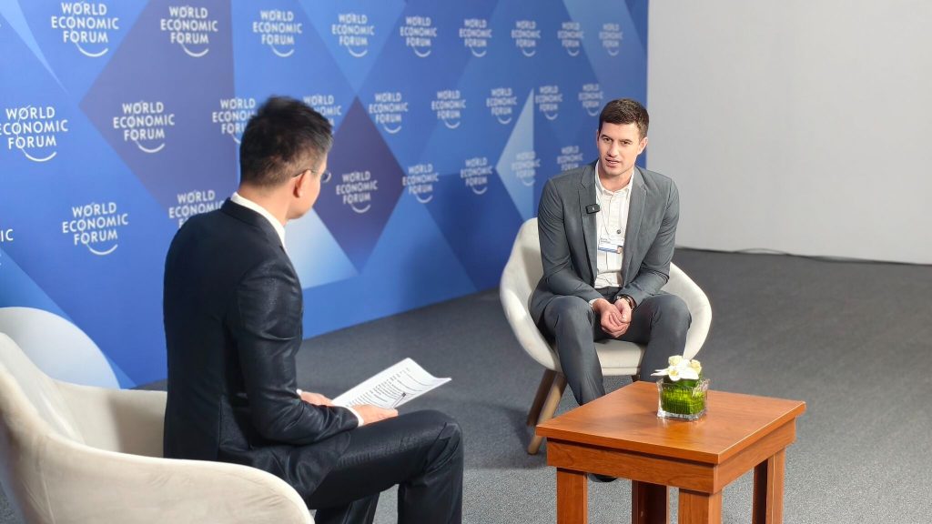 Image showing an interview between Dr. Mario Špadina, SeaCras CEO, and a TV interviewer at Summer Davos 2026 — Annual Meeting of the New Champions 2026.